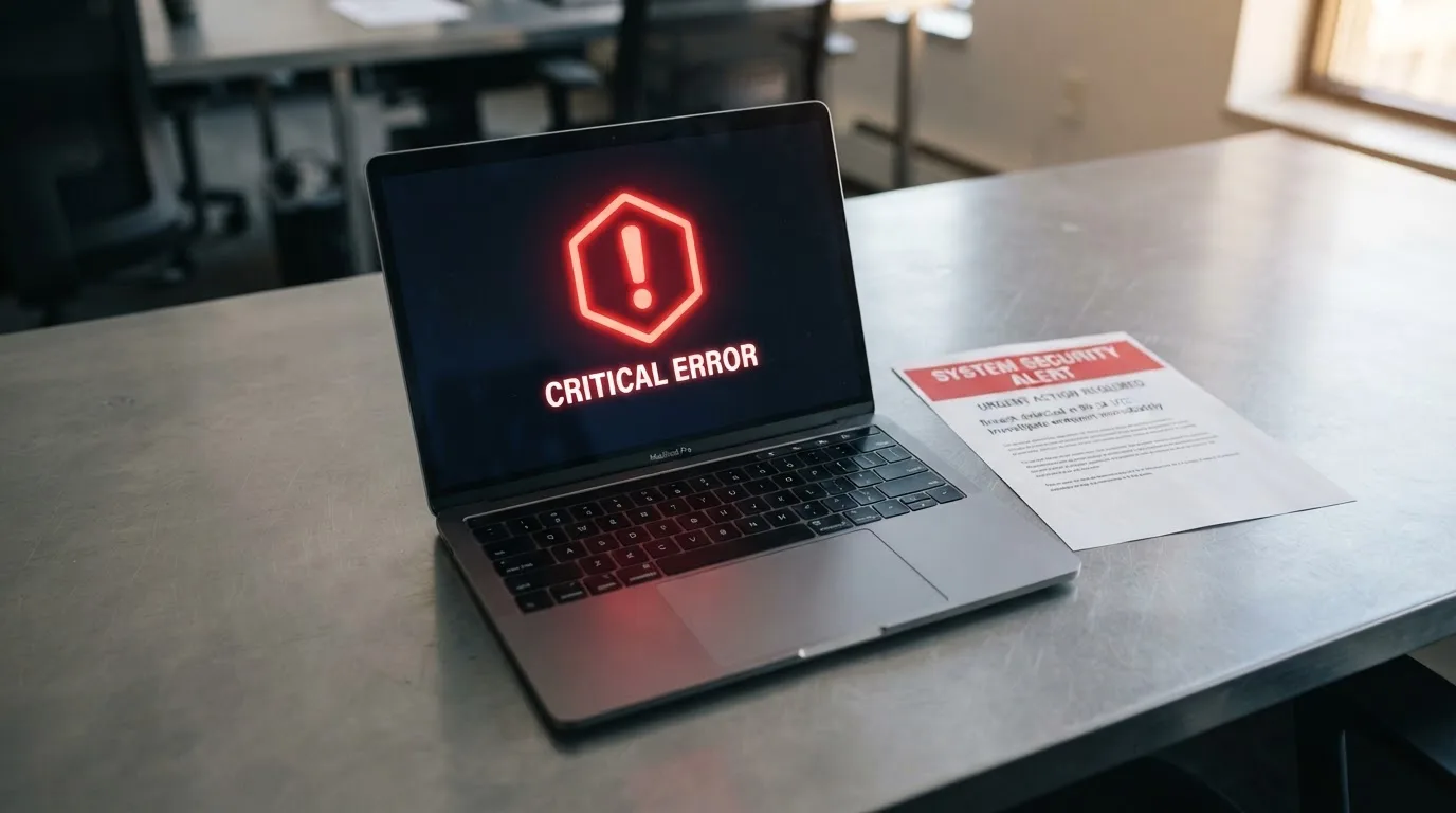 A printed government warning notice on a desk beside a laptop with a red alert icon on the screen.