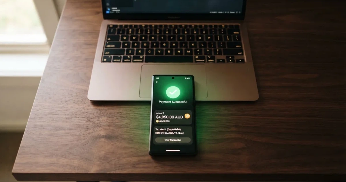 A phone displaying a blockchain transaction confirmation screen next to a laptop keyboard.
