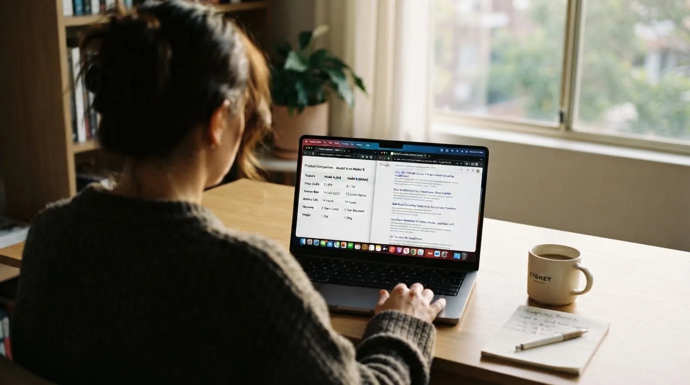A laptop screen split between two browser tabs, one showing a comparison table and the other a search results page.