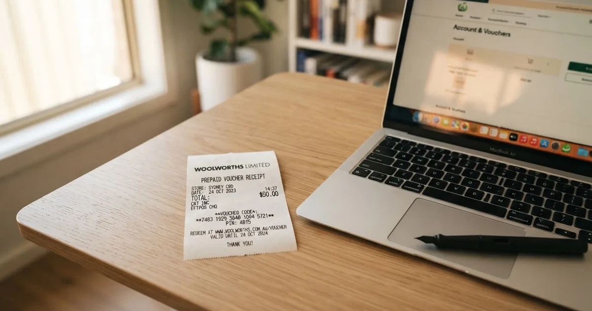 A printed prepaid voucher receipt lying beside a laptop keyboard.