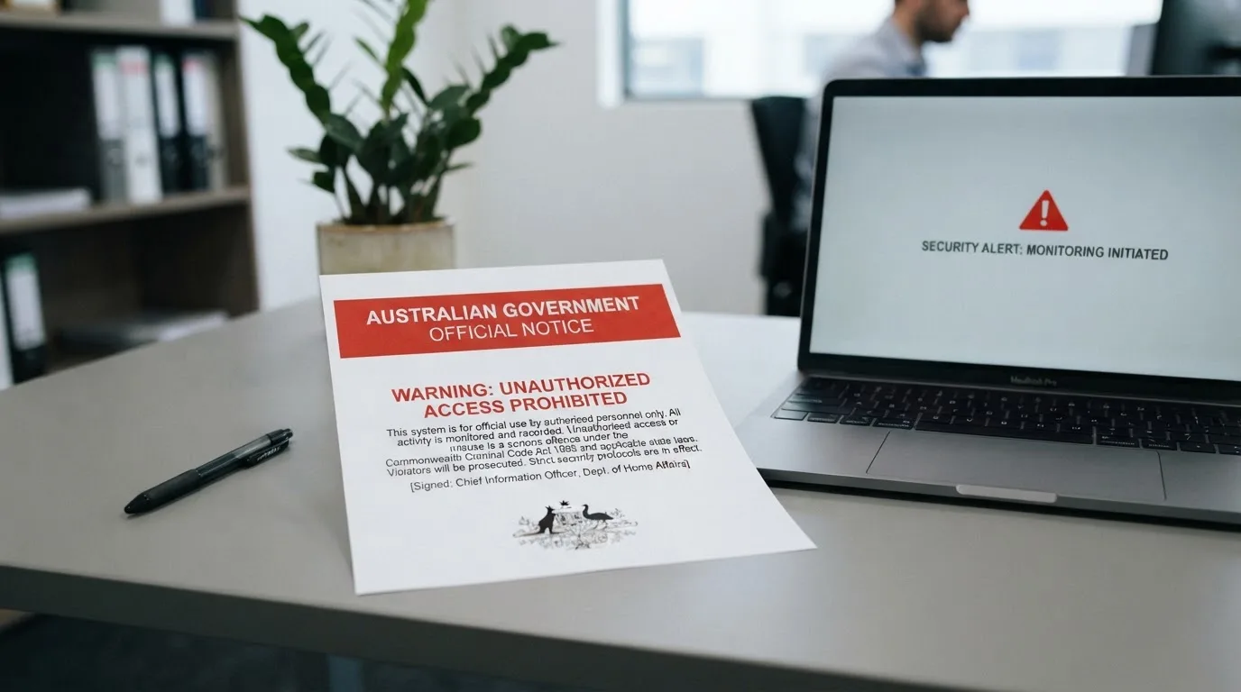 A printed government warning notice on a desk beside a laptop with a red alert icon on the screen.