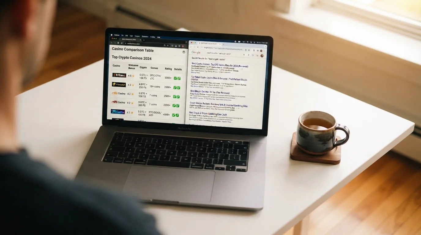 A laptop screen split between two browser tabs, one showing a comparison table and the other a search results page.