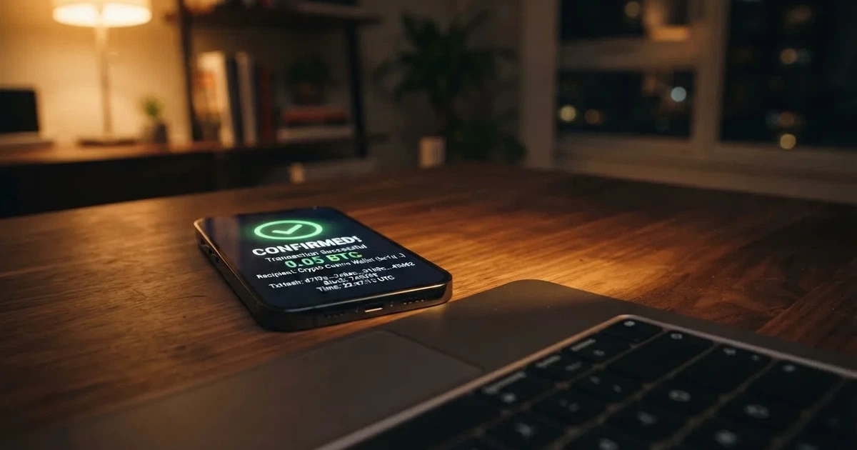 A phone displaying a blockchain transaction confirmation screen next to a laptop keyboard.