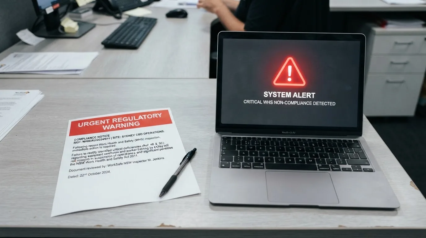 A printed government warning notice on a desk beside a laptop with a red alert icon on the screen.