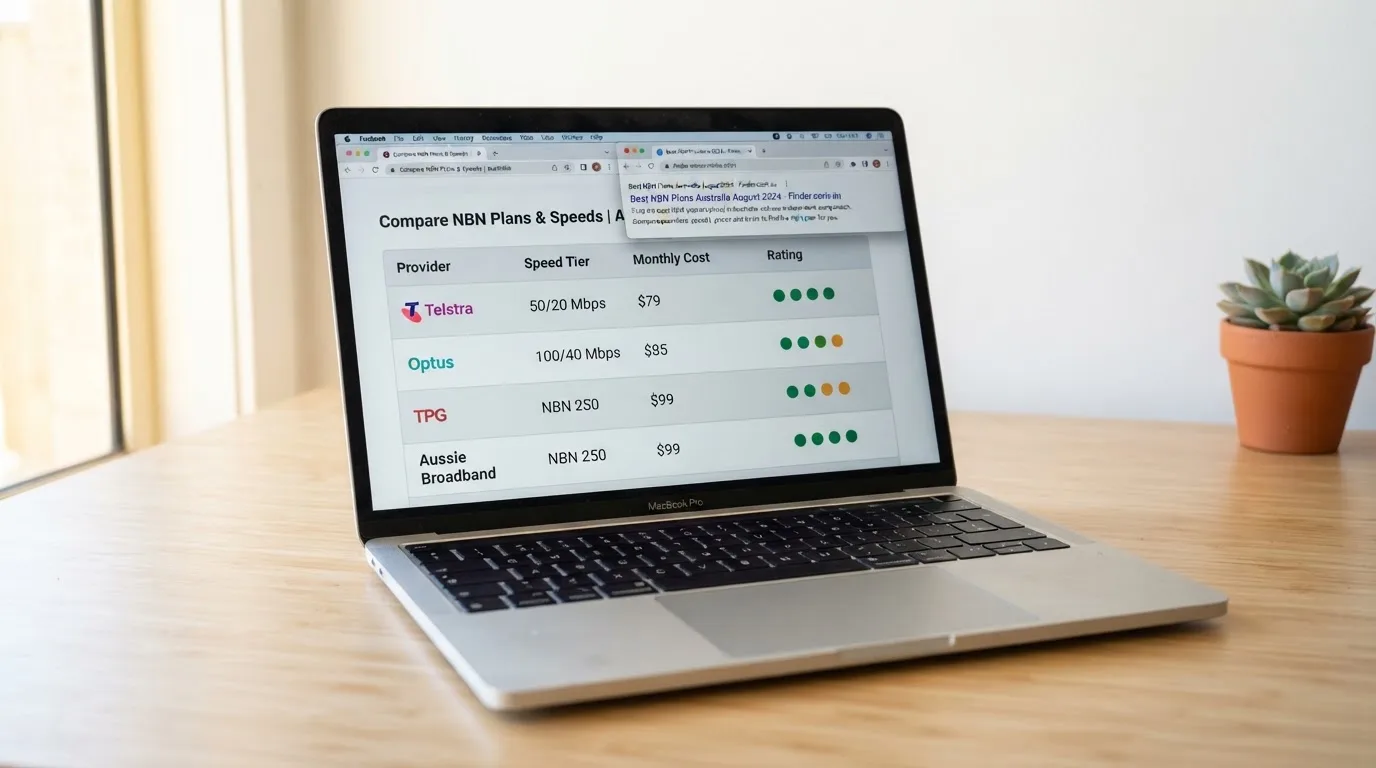 A laptop screen split between two browser tabs, one showing a comparison table and the other a search results page.