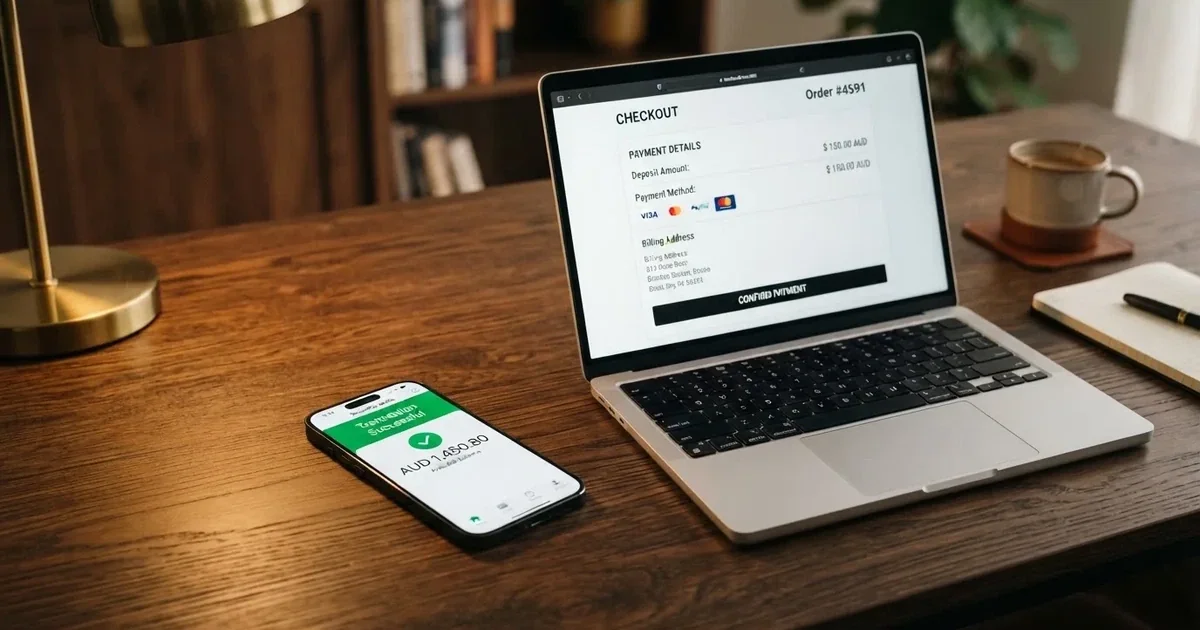 A smartphone screen showing a digital wallet balance next to a laptop cashier page.