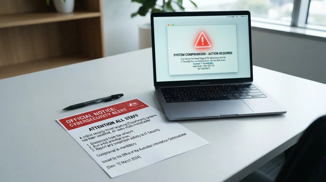 A printed government warning notice on a desk beside a laptop with a red alert icon on the screen.