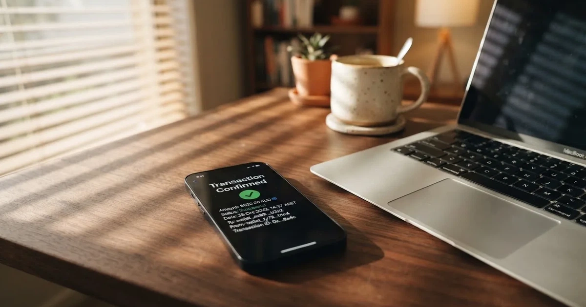 A phone displaying a blockchain transaction confirmation screen next to a laptop keyboard.