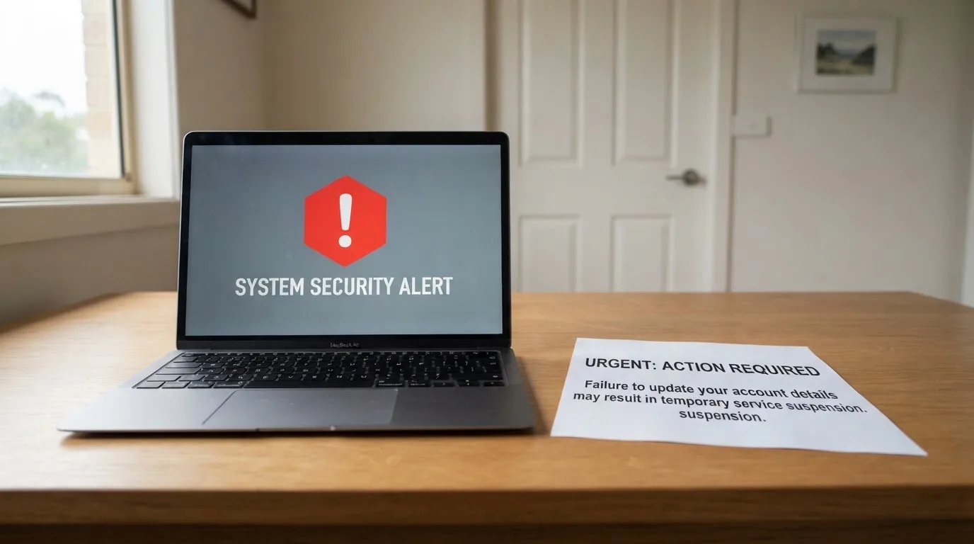 A printed government warning notice on a desk beside a laptop with a red alert icon on the screen.