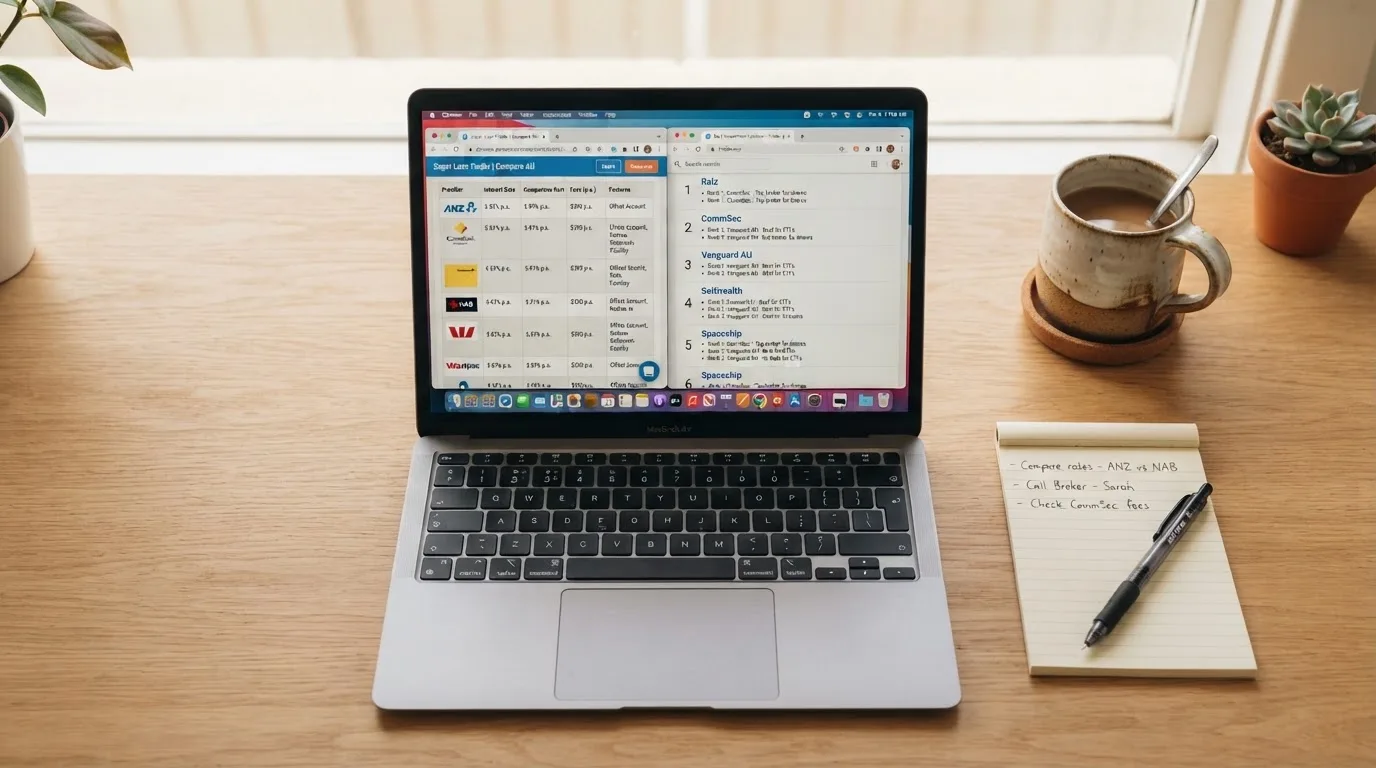 A laptop screen split between two browser tabs, one showing a comparison table and the other a search results page.