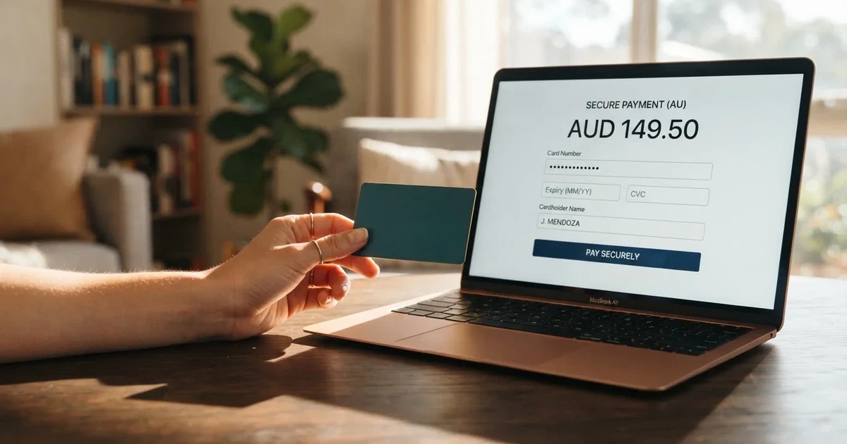 A hand holding a bank card next to a laptop showing an online payment form.