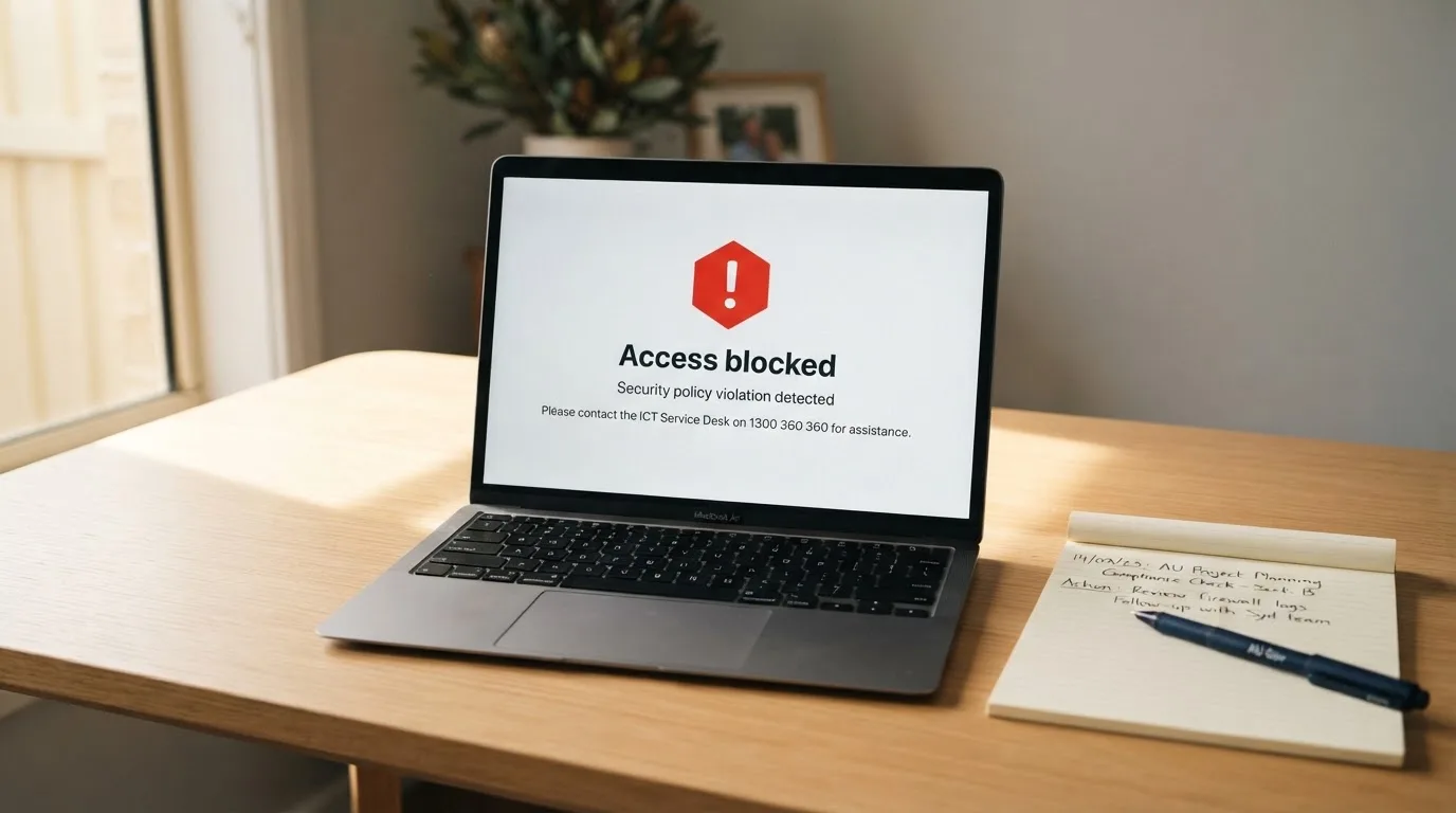 A printed government warning notice on a desk beside a laptop with a red alert icon on the screen.