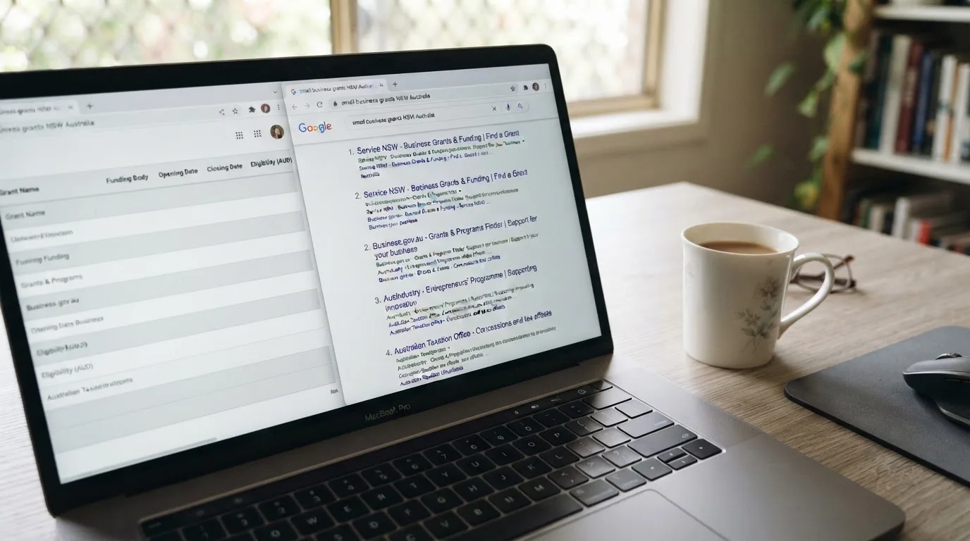 A laptop screen split between two browser tabs, one showing a comparison table and the other a search results page.