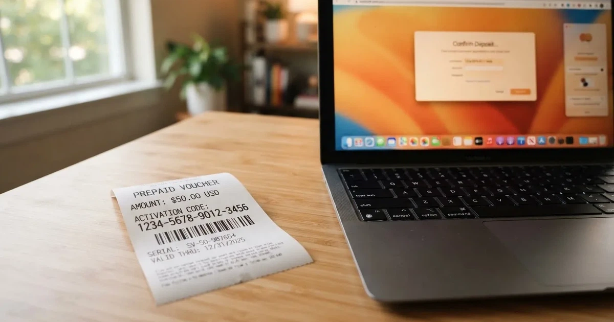 A printed prepaid voucher receipt lying beside a laptop keyboard.