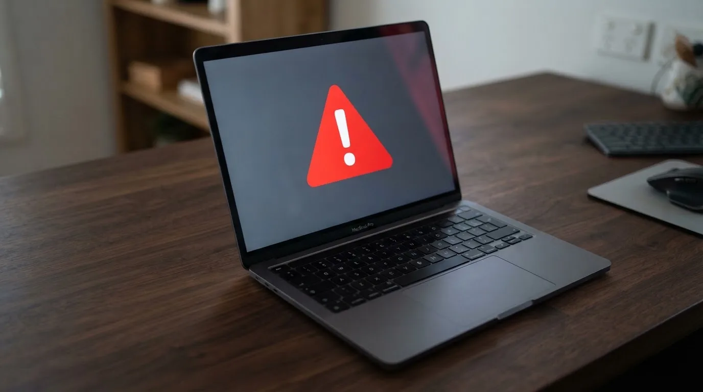 A printed government warning notice on a desk beside a laptop with a red alert icon on the screen.