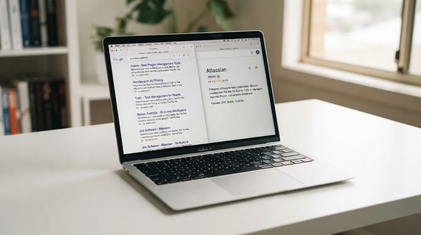 A laptop screen split between two browser tabs, one showing a comparison table and the other a search results page.