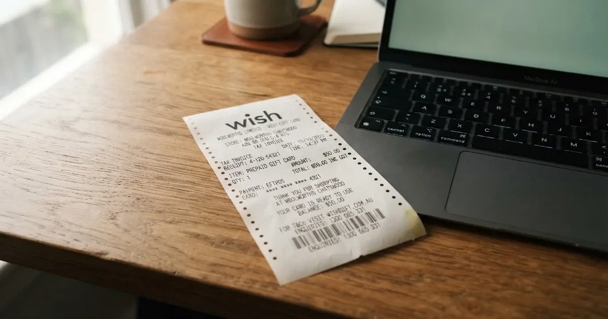 A printed prepaid voucher receipt lying beside a laptop keyboard.