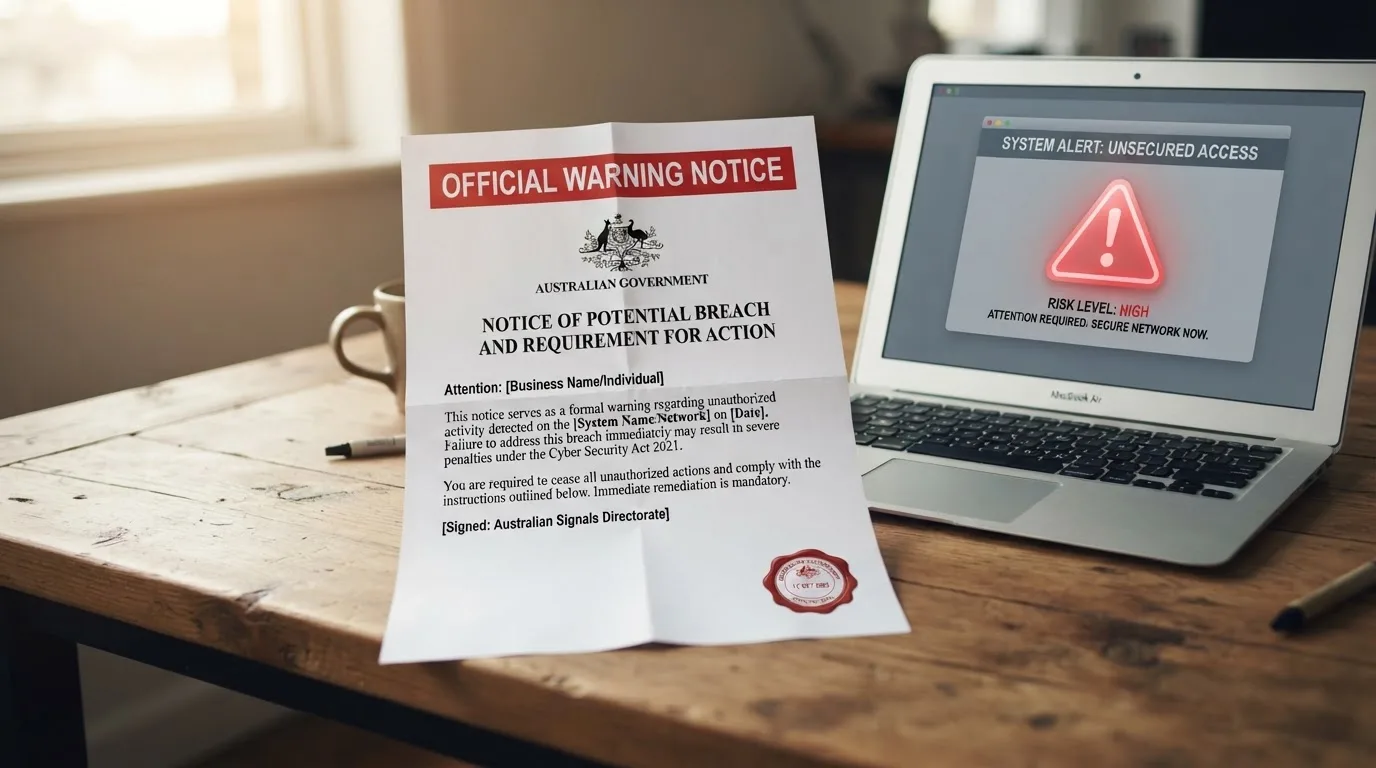 A printed government warning notice on a desk beside a laptop with a red alert icon on the screen.