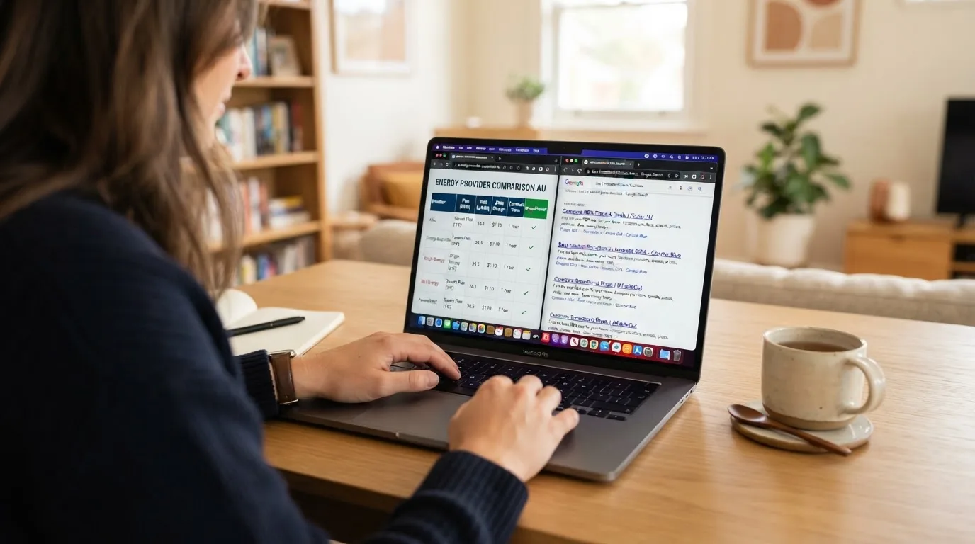 A laptop screen split between two browser tabs, one showing a comparison table and the other a search results page.