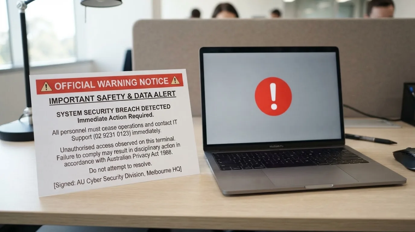 A printed government warning notice on a desk beside a laptop with a red alert icon on the screen.