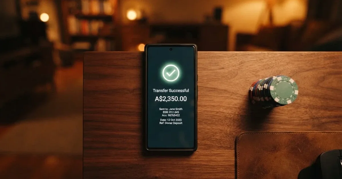 A phone displaying a bank transfer confirmation screen next to a stack of Australian dollar notes.