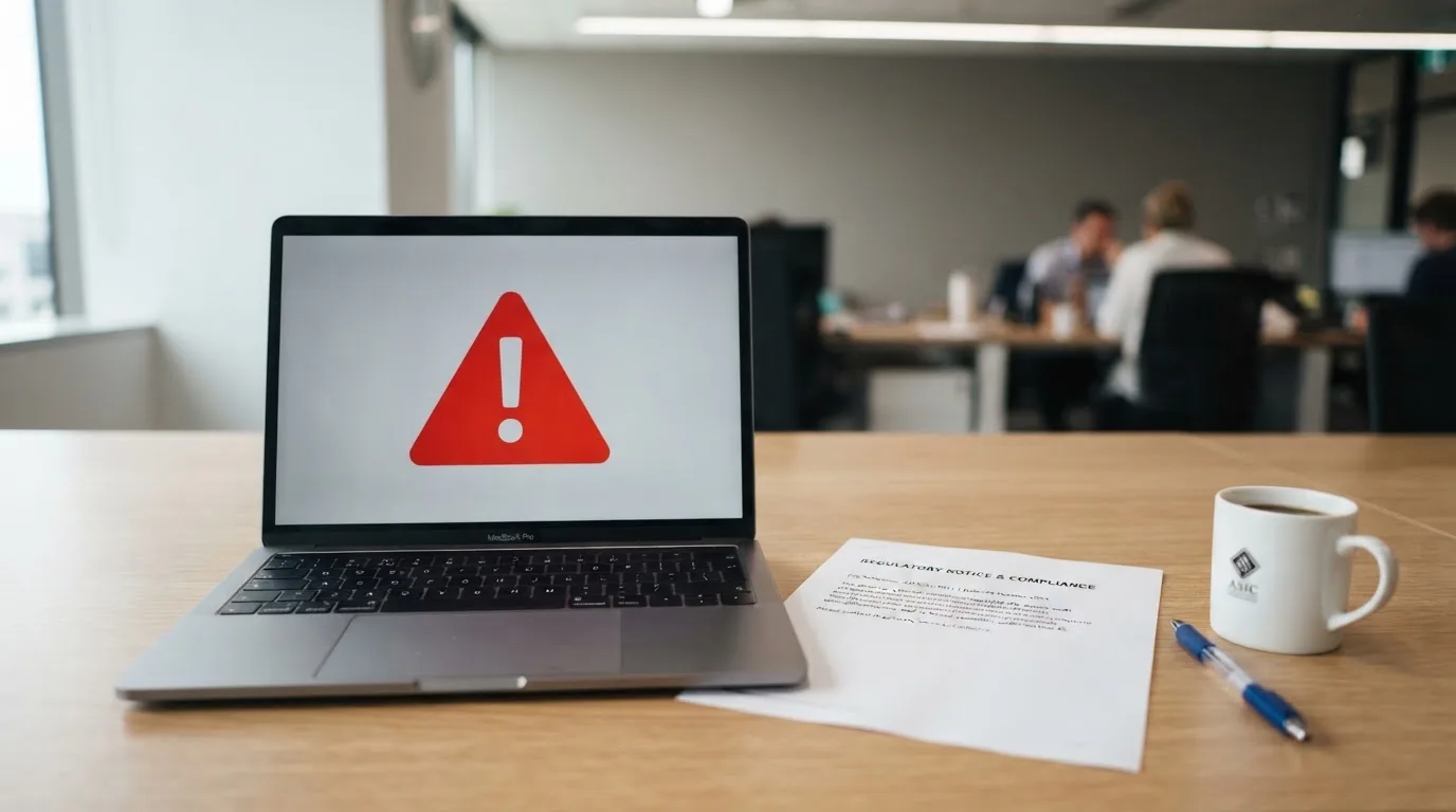 A printed government warning notice on a desk beside a laptop with a red alert icon on the screen.