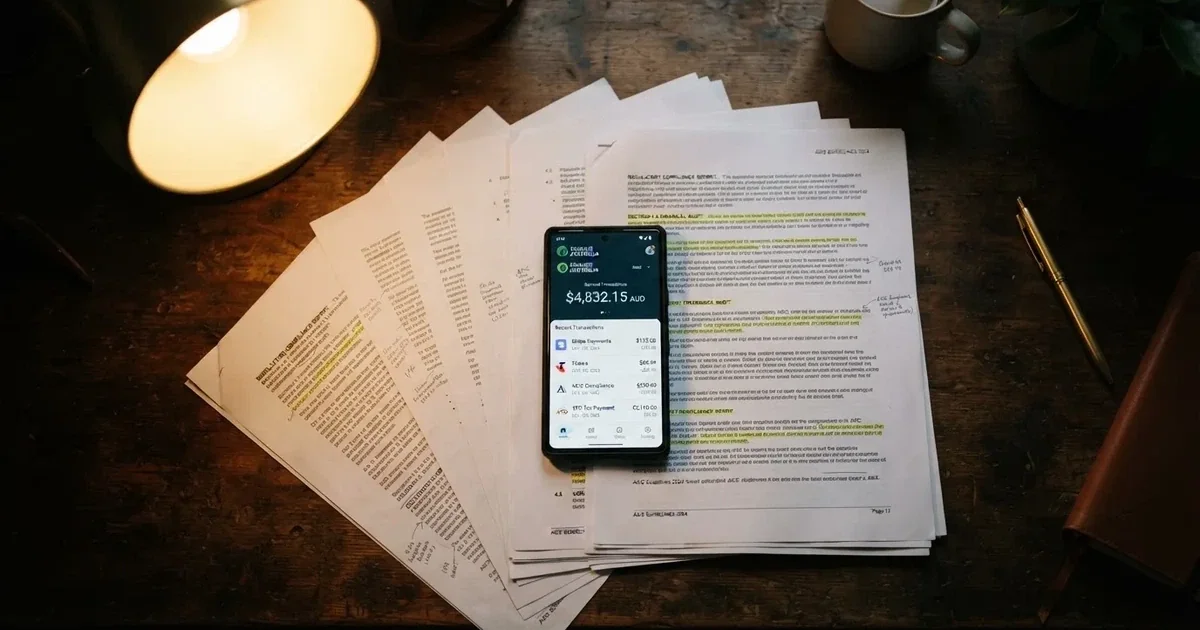 A phone showing a digital wallet balance screen resting on a stack of paperwork.