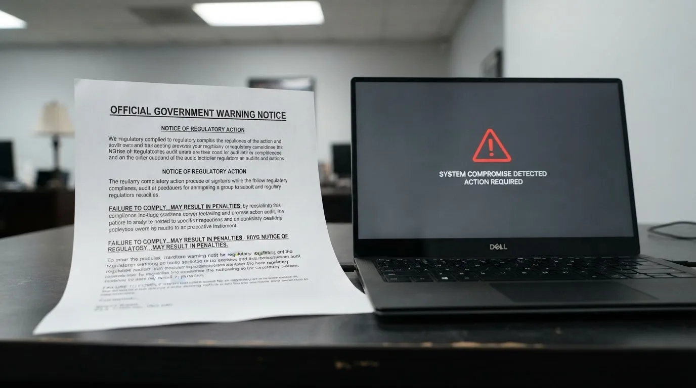 A printed government warning notice on a desk beside a laptop with a red alert icon on the screen.