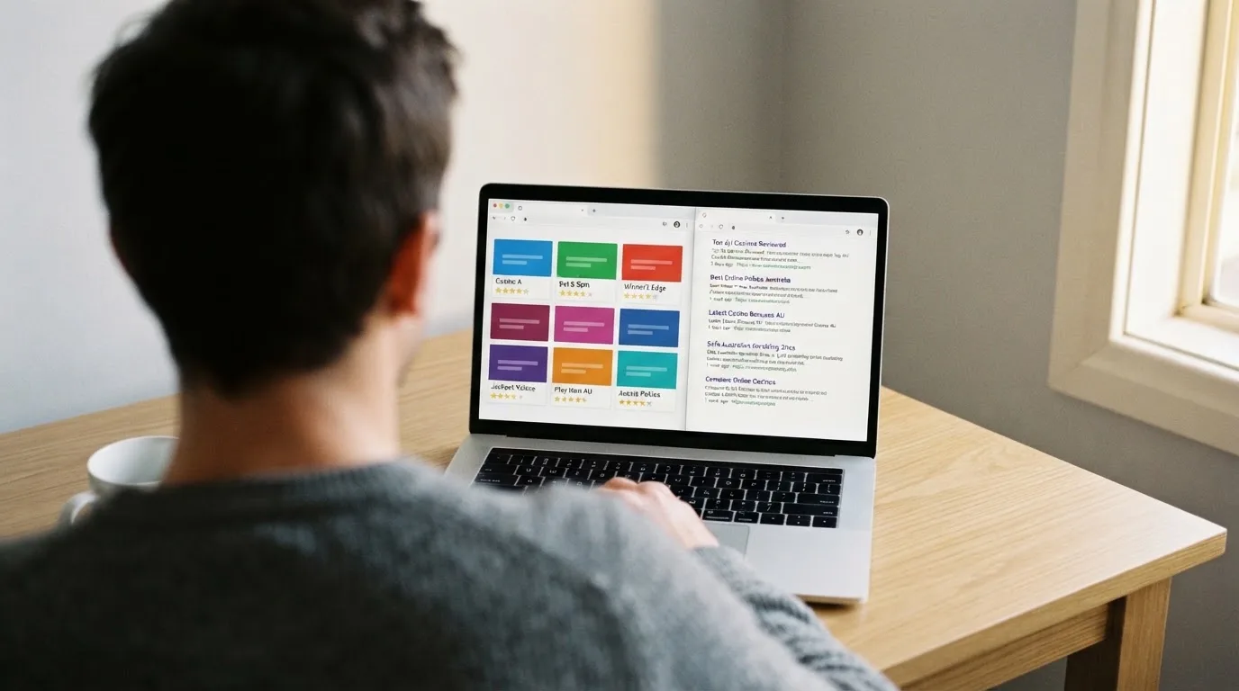 A laptop screen split between two browser tabs, one showing a comparison table and the other a search results page.