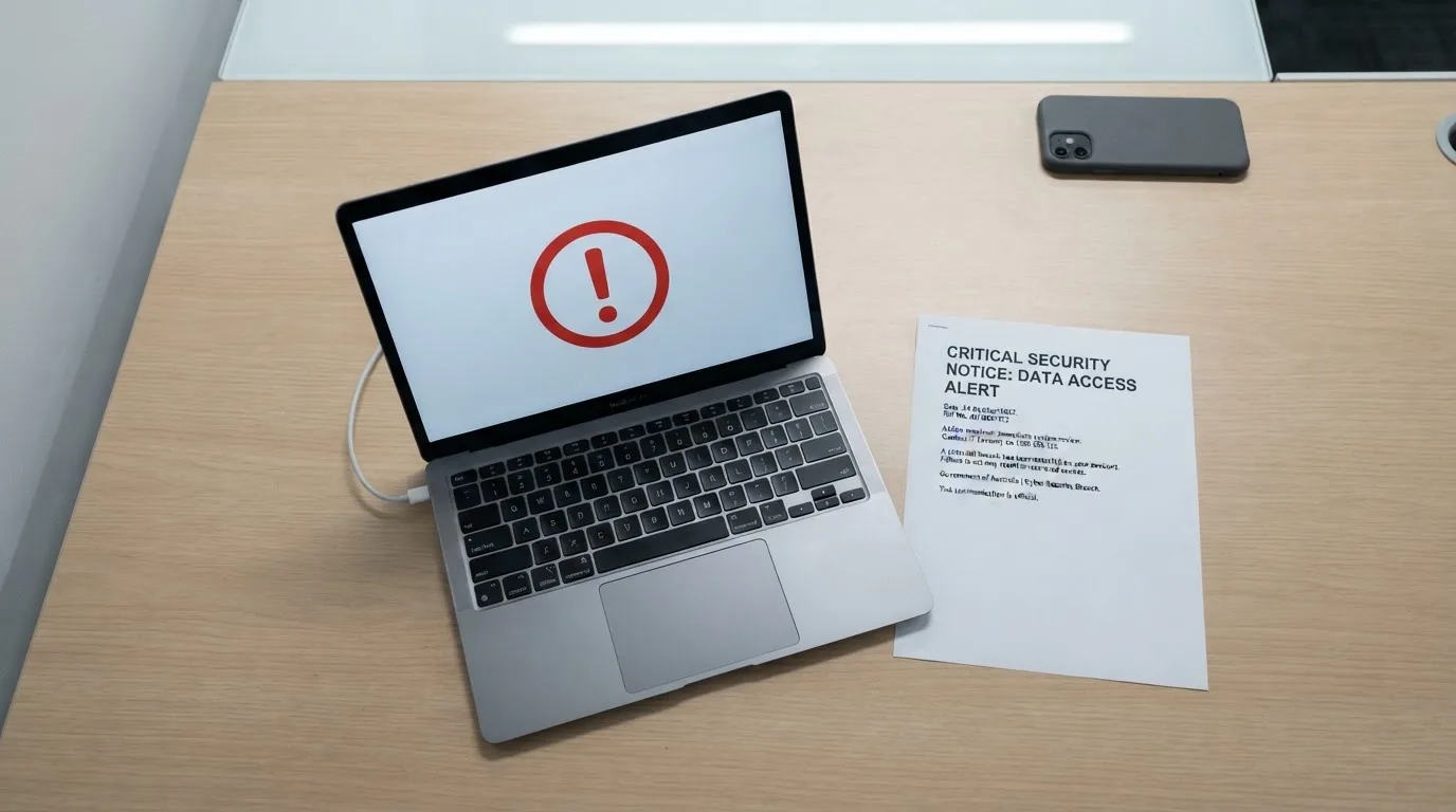 A printed government warning notice on a desk beside a laptop with a red alert icon on the screen.