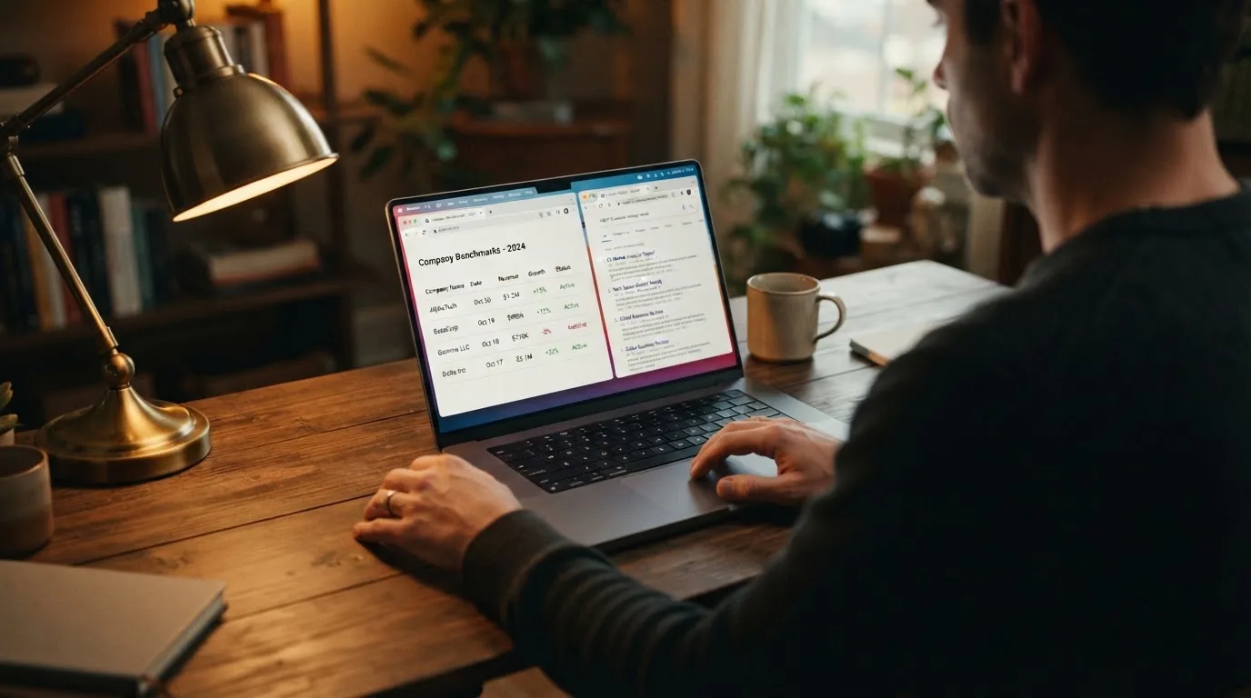 A laptop screen split between two browser tabs, one showing a comparison table and the other a search results page.