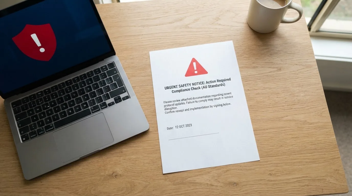 A printed government warning notice on a desk beside a laptop with a red alert icon on the screen.
