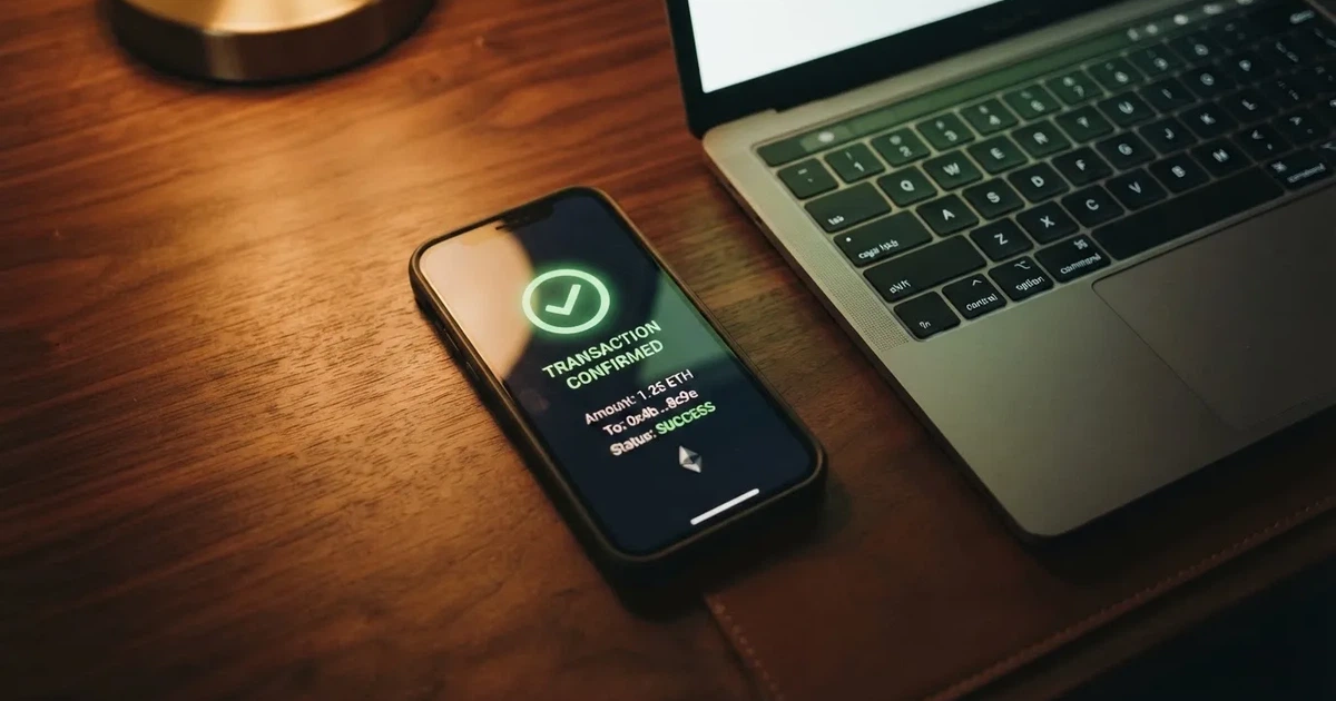 A phone displaying a blockchain transaction confirmation screen next to a laptop keyboard.