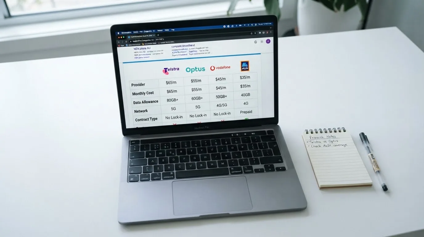A laptop screen split between two browser tabs, one showing a comparison table and the other a search results page.