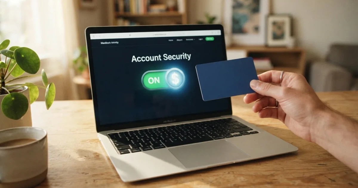 A hand holding a bank card next to a laptop showing an online payment form.
