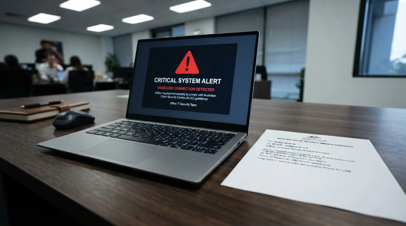 A printed government warning notice on a desk beside a laptop with a red alert icon on the screen.