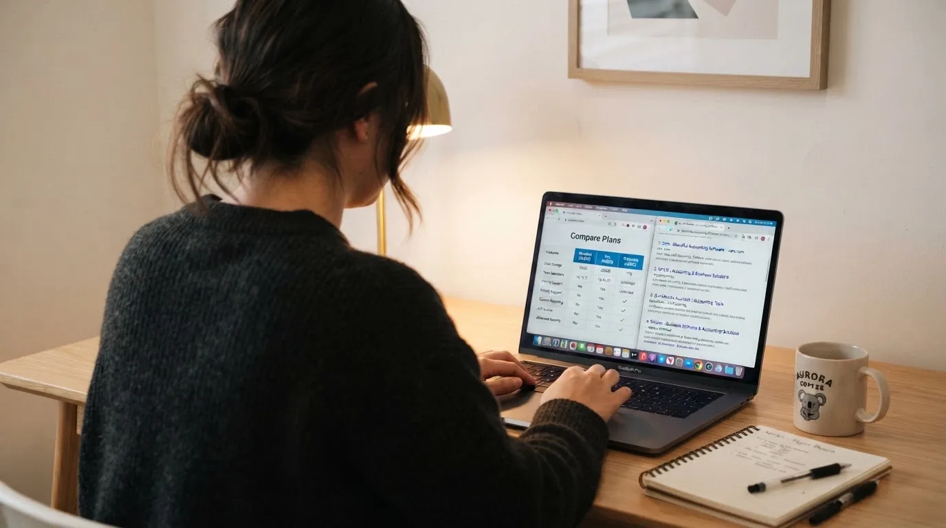 A laptop screen split between two browser tabs, one showing a comparison table and the other a search results page.