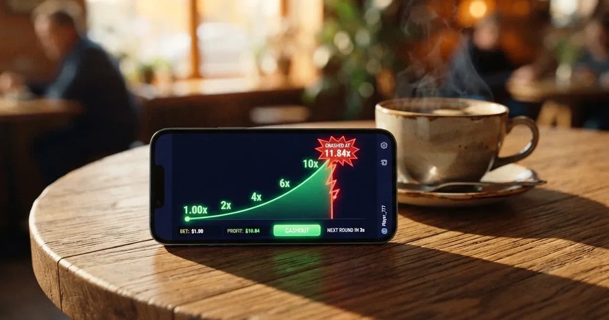 A digital multiplier counter climbing on a phone screen next to a coffee cup.
