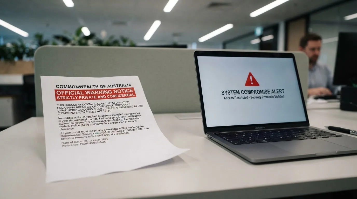 A printed government warning notice on a desk beside a laptop with a red alert icon on the screen.