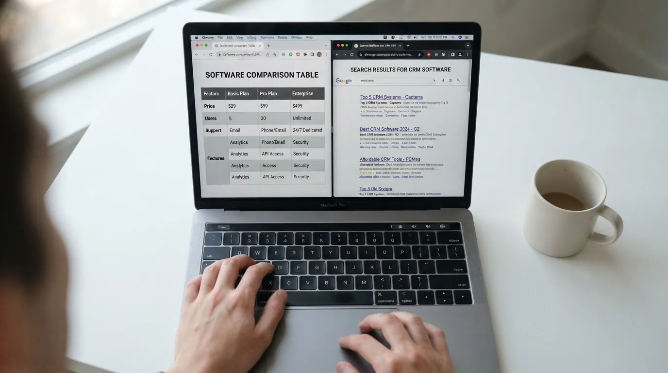 A laptop screen split between two browser tabs, one showing a comparison table and the other a search results page.