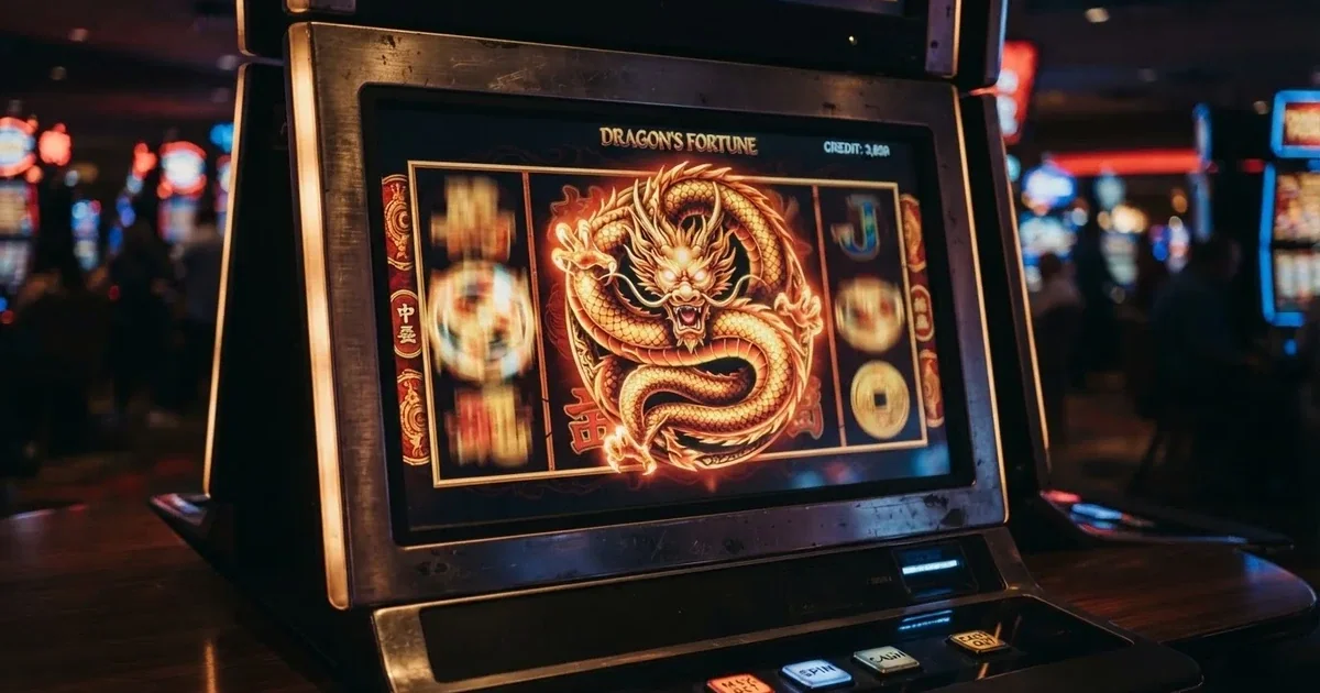 A close-up of a slot reel icon showing a stylised dragon motif on a cabinet screen.