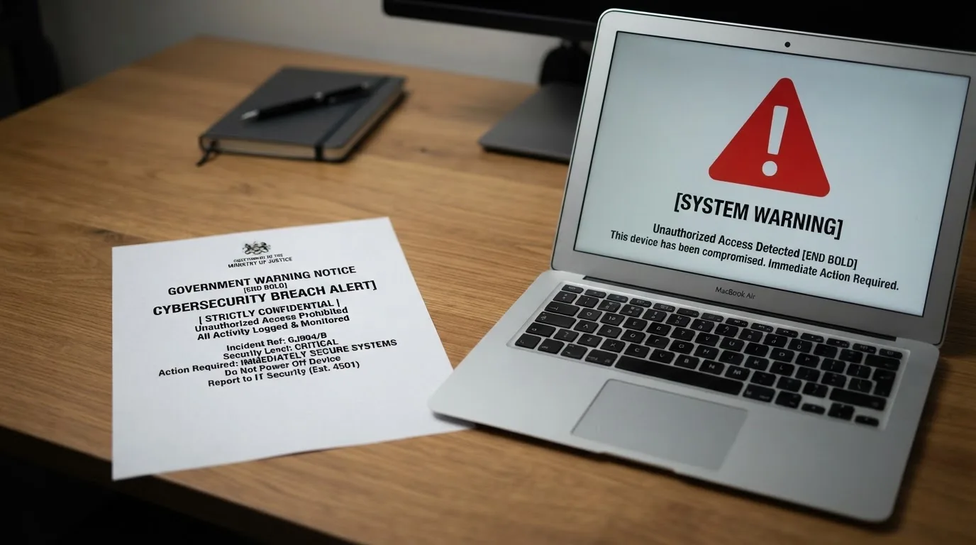 A printed government warning notice on a desk beside a laptop with a red alert icon on the screen.