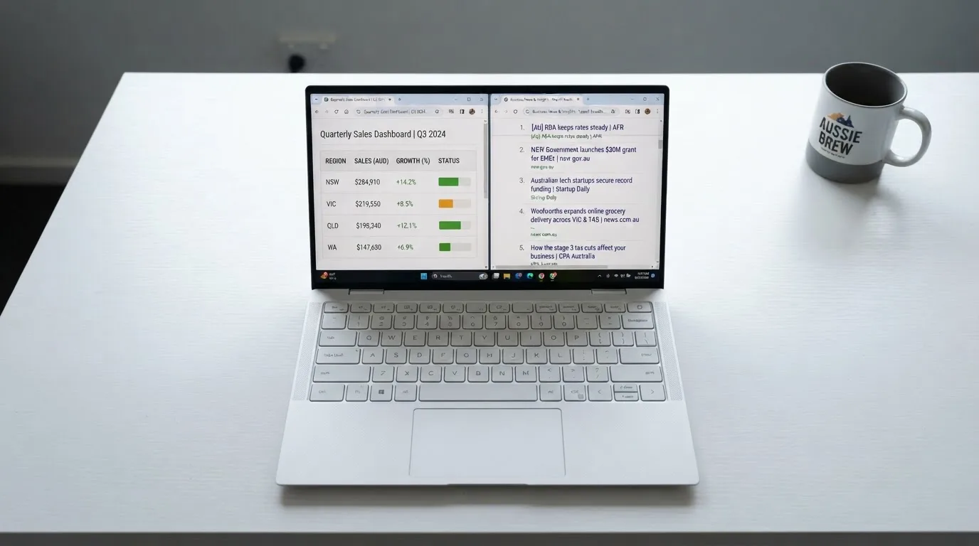 A laptop screen split between two browser tabs, one showing a comparison table and the other a search results page.