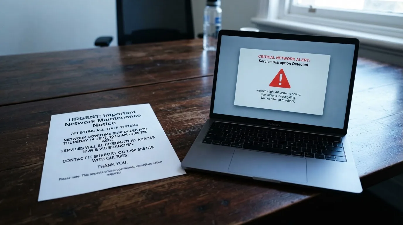 A printed government warning notice on a desk beside a laptop with a red alert icon on the screen.