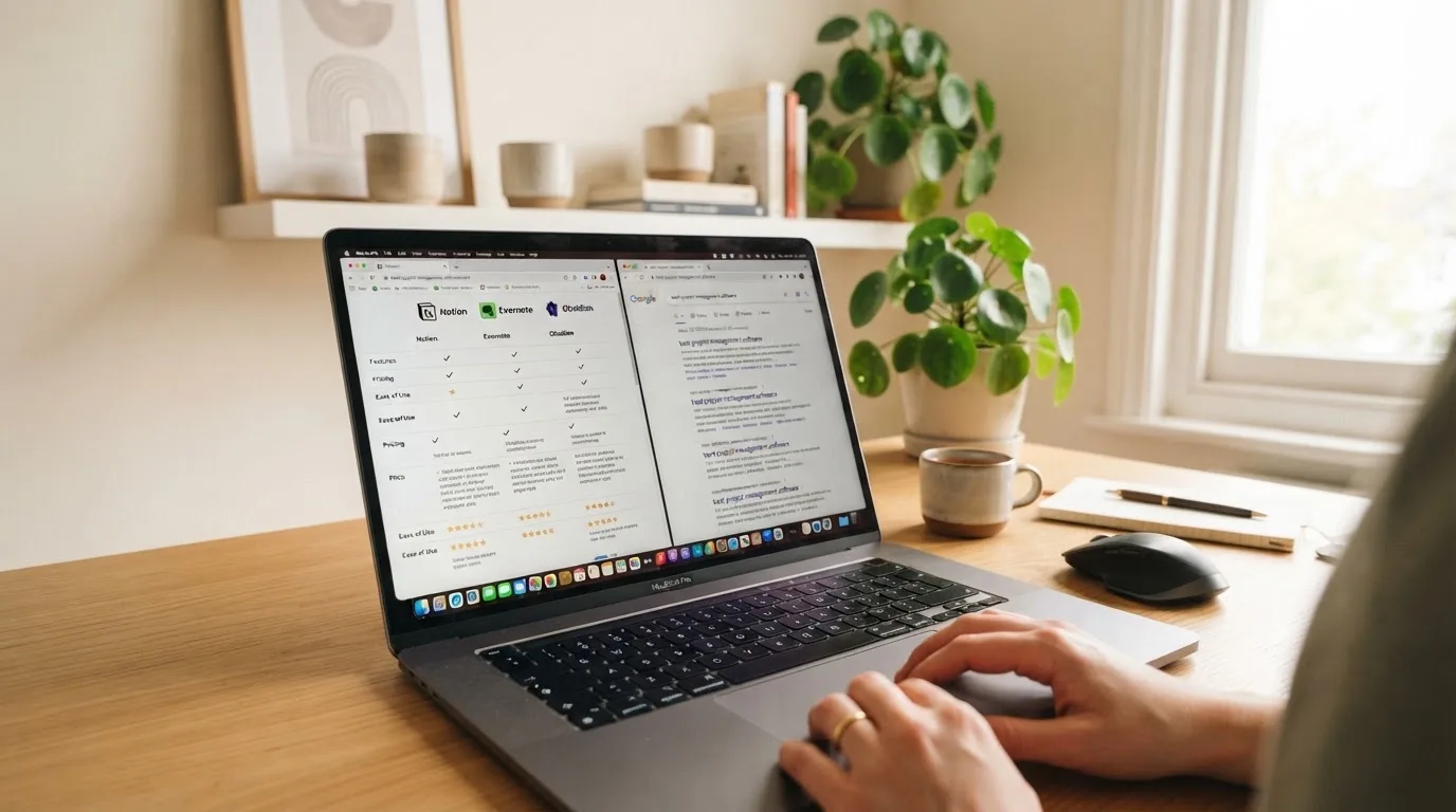 A laptop screen split between two browser tabs, one showing a comparison table and the other a search results page.