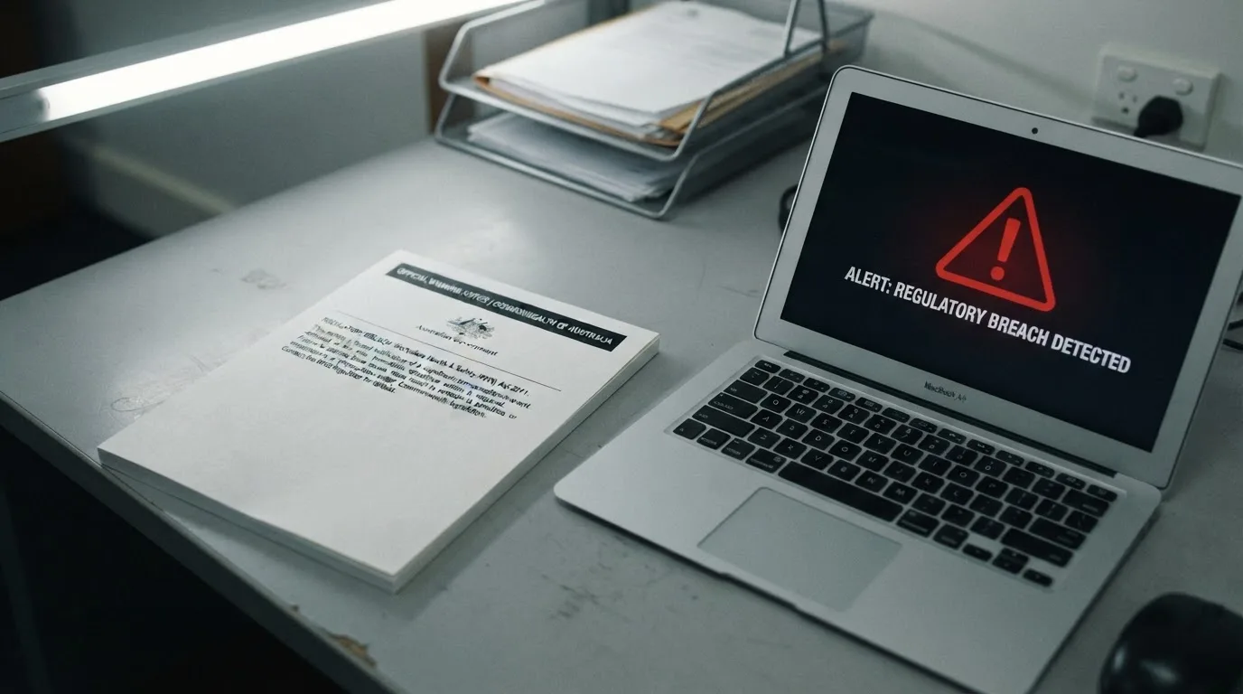 A printed government warning notice on a desk beside a laptop with a red alert icon on the screen.