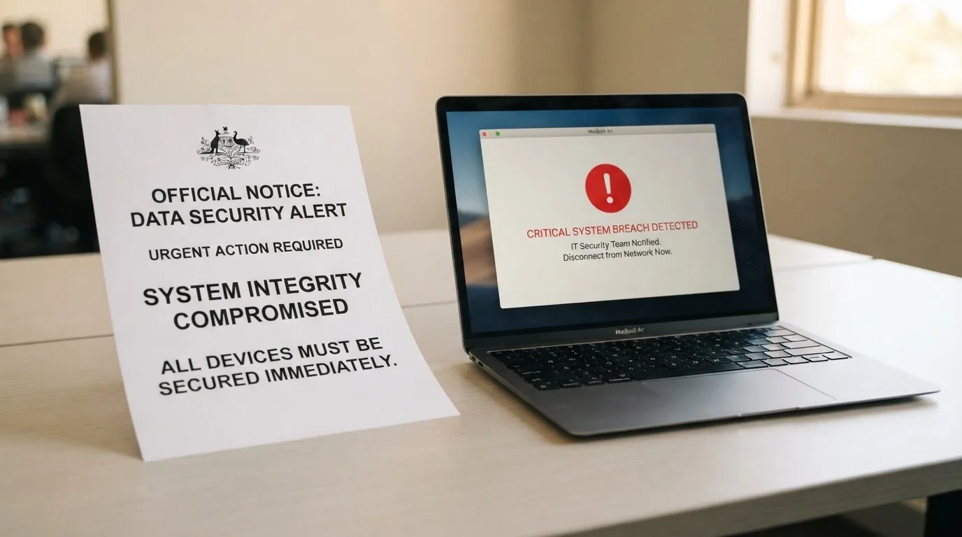 A printed government warning notice on a desk beside a laptop with a red alert icon on the screen.