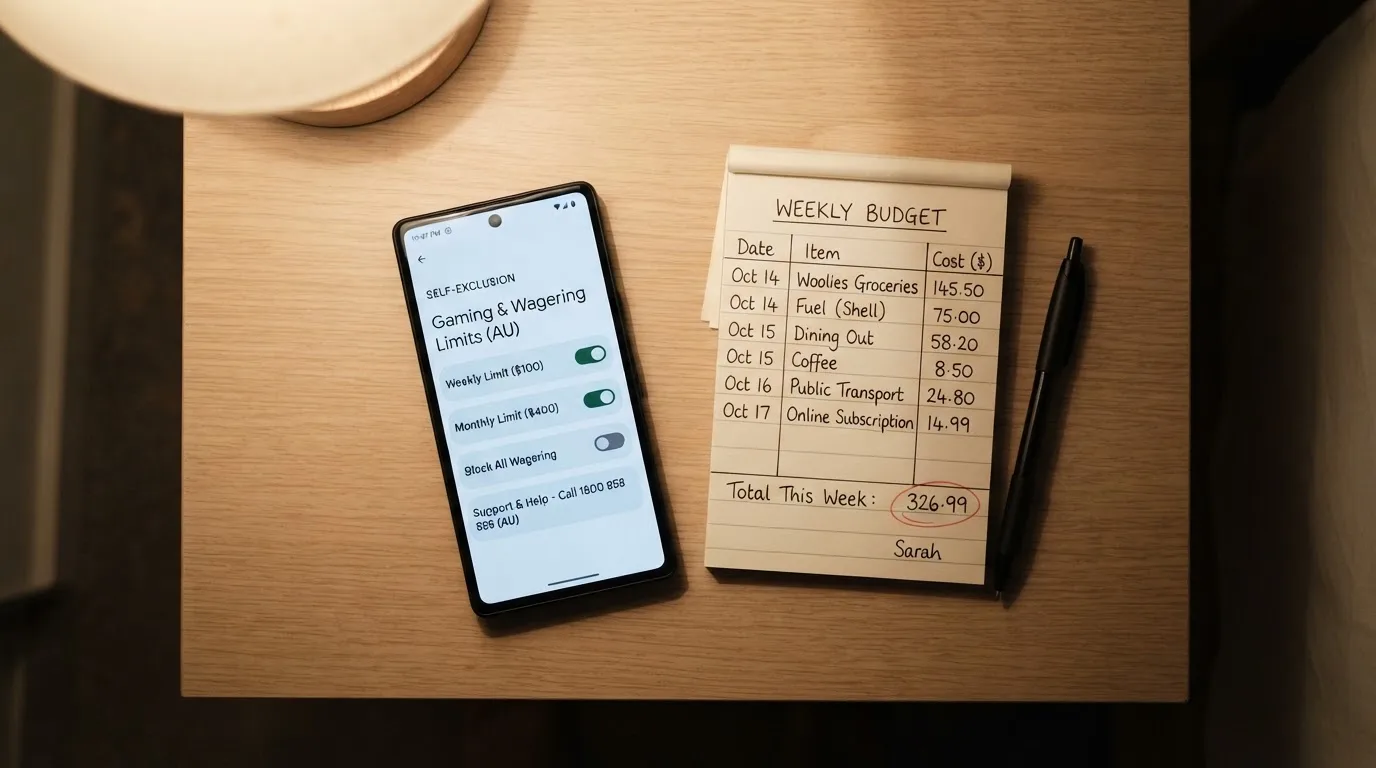 A phone showing a self-exclusion settings screen next to a notepad with a weekly budget written on it.