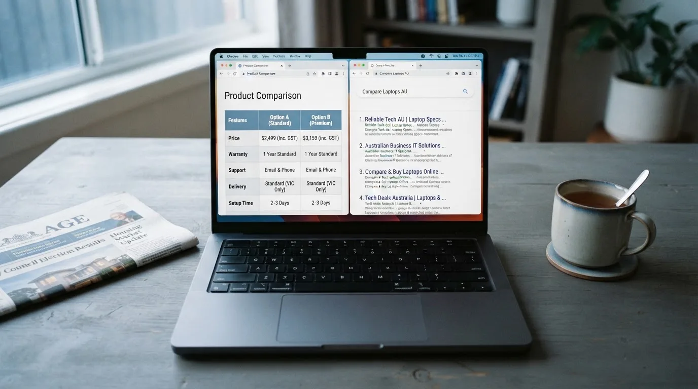 A laptop screen split between two browser tabs, one showing a comparison table and the other a search results page.
