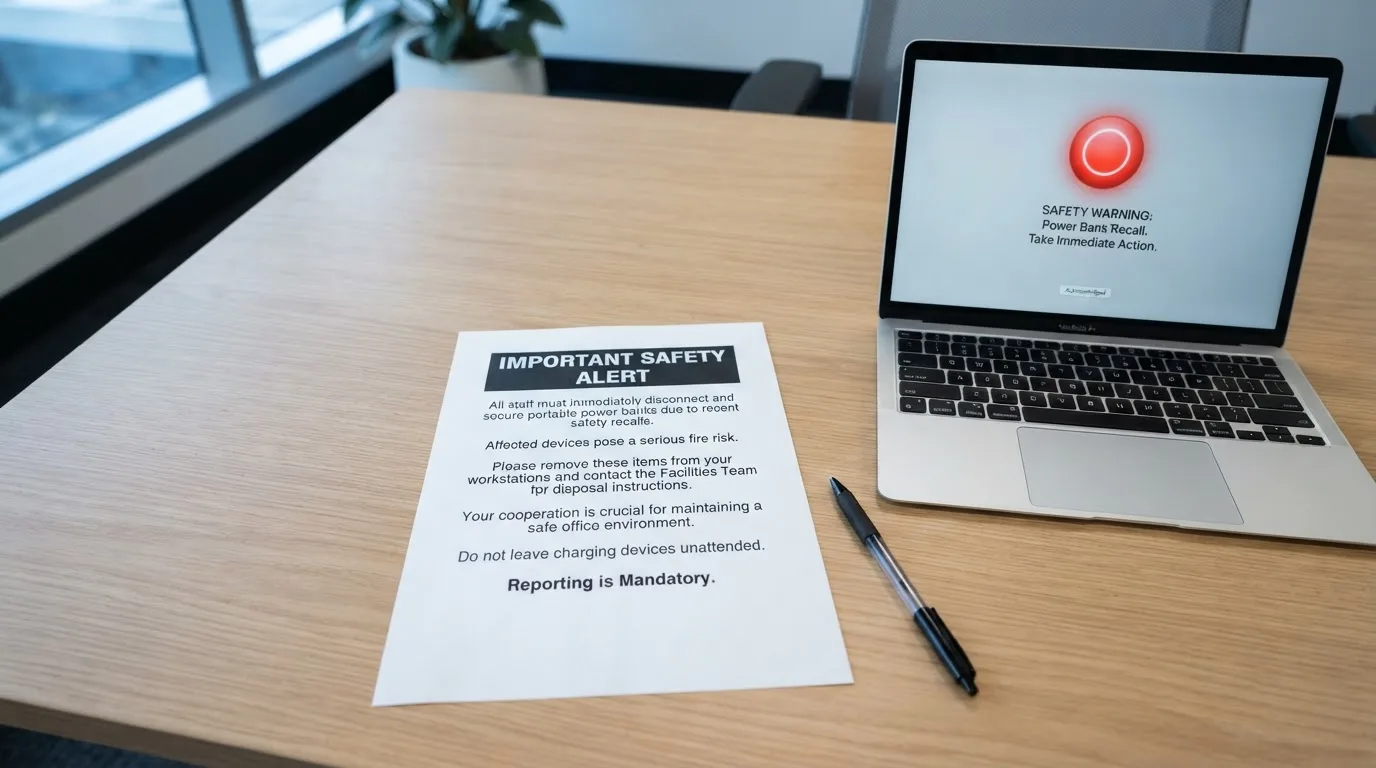 A printed government warning notice on a desk beside a laptop with a red alert icon on the screen.
